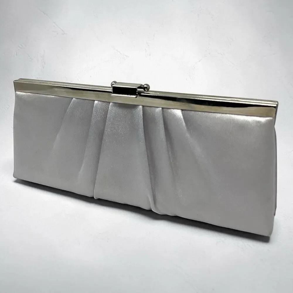 Y2K Jessica McClintock Silver Satin Convertible Clutch Kiss Lock Formal Bag